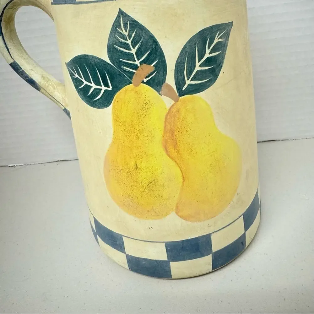 Vintage Farmhouse Style Pear Checkered Pottery Pitcher Decor 90s Sara Scott - Picture 3 of 10